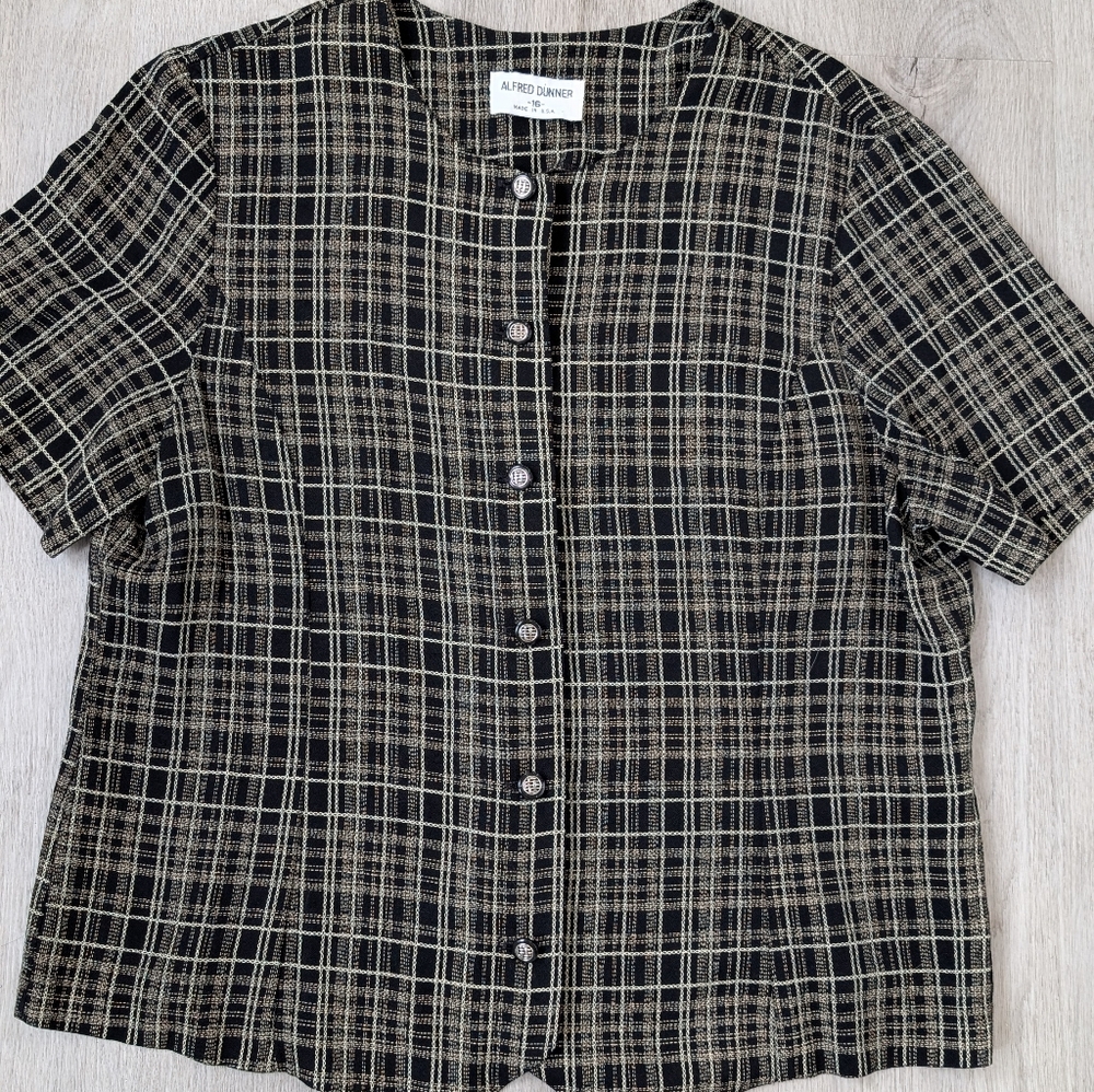 Vintage Alfred Dunner Black & Cream Plaid Women's Short Sleeve Button Down Shirt